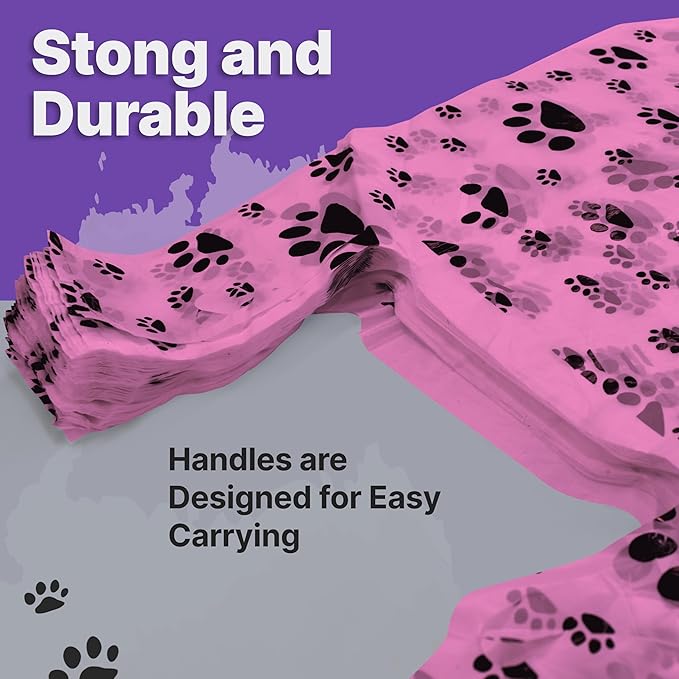 T-Shirt Bags – Paw Print Design Pink Color - 100 Pack - Thank You & Shopping Bags - Cat or Dog - 22" L x 12" W x 7" Plastic