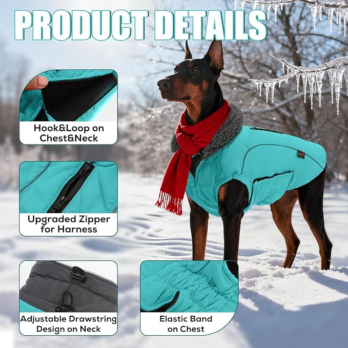 EMUST Winter Coat for Large Dogs, Windproof Dog Jacket for Cold Weather, Extra Warm Dog Winter Clothes for Small Medium Large Dogs, Turquoise, XXL