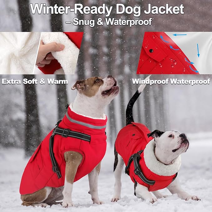 Dogcheer Dog Coat with Harness, Waterproof Warm Dog Winter Jacket with Pockets, Reflective Pet Fleece Jacket Turtleneck Snowsuit for Small Medium Large Dogs - Red, S