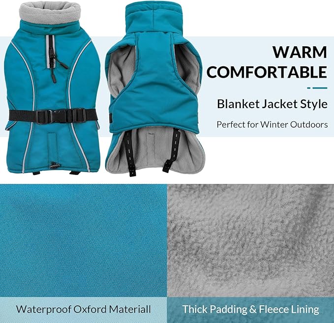 Queenmore Medium Dog Coat, Winter Dog Jacket, Waterproof Puffy Dog Snowsuit, Adjustable Reflective Fleece Lining Warm Padding Parka for Cold Weather, Blue M