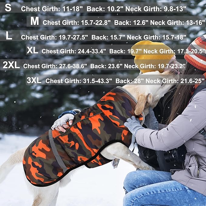 Dogcheer Warm Dog Coat, Waterproof Dog Jacket Christmas Puppy Winter Coat with Buckle, Reflective Adjustable Pet Snow Jacket Turtleneck Fleece Sweater for Small Medium Large Dogs - Orange Camo, 2XL