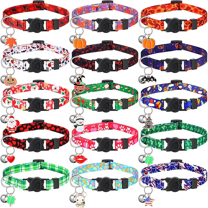 Talltalk 15 Pcs Holiday Cat Collars Thanksgiving Christmas Adjustable Breakaway Cat Collars Bundle with Plastic Buckle for Fall Seasonal Holiday Pet Kitten