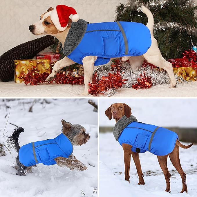 Dogcheer Warm Dog Coat, Waterproof Dog Jacket Christmas Puppy Winter Coat with Buckle, Reflective Adjustable Pet Snow Jacket Turtleneck Fleece Sweater for Small Medium Large Dogs - Blue, L