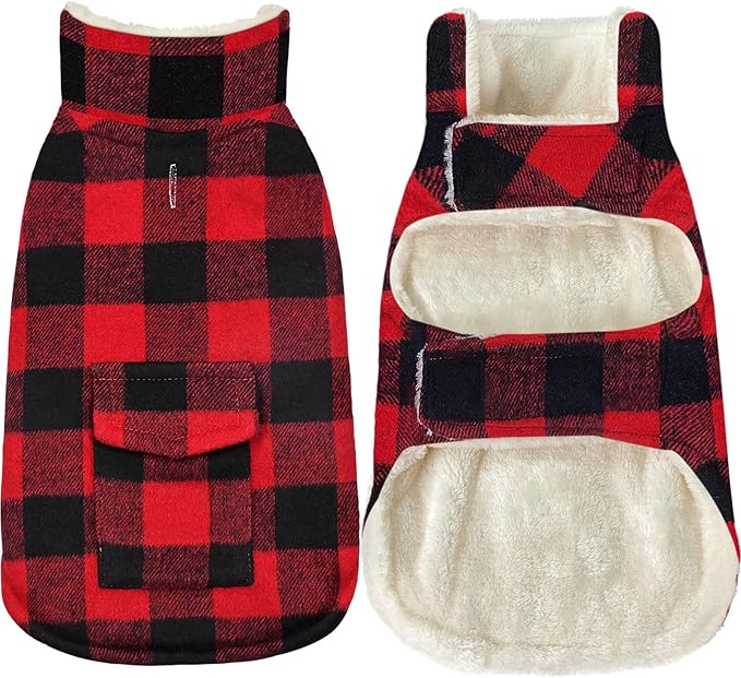 Malier Dog Winter Coat, Classic Plaid Fleece Dog Cold Weather Coats Pet Jacket with Pocket, Windprood Warm Coat Vest Pet Clothes Apparel for Small Medium Large Dogs (Red, Large)