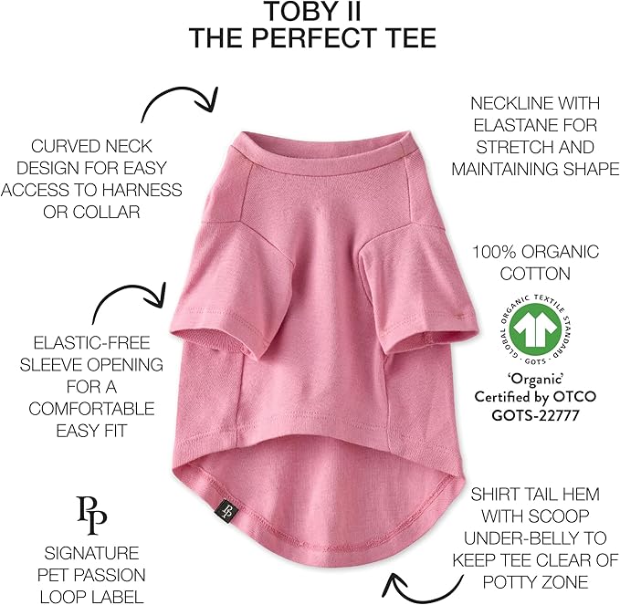 Toby II - The Perfect Tee, 8 Pack Short Sleeve Pet T-Shirt 100% Organic Cotton Tees Clothes for Small, Medium, Large Dogs, Rainbow Pink, Small
