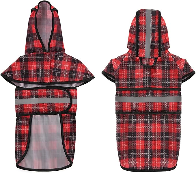 HDE Dog Raincoat Jacket Reflective Adjustable Hooded Pet Poncho Rain Coat with Leash Hole for Small to X-Large Dogs Plaid - M