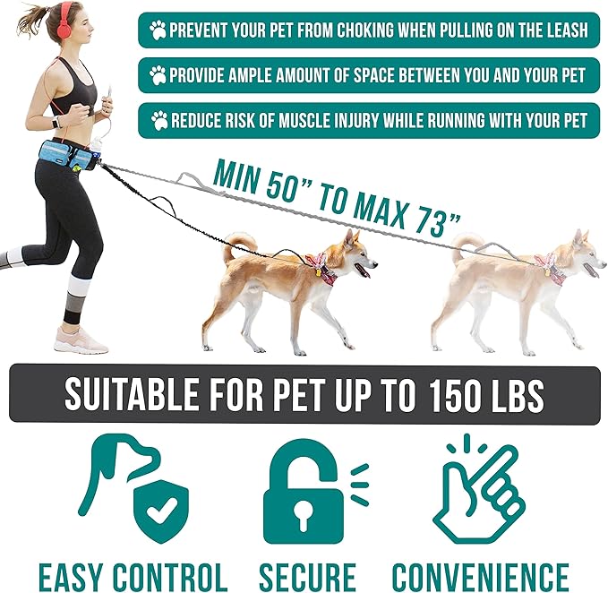 PetAmi Hands Free Dog Leash, Dog Running Leash Belt Bag for Walking, Jogging, Dog Waist Double Zipper Pouch with Poop Bag Dispenser, Dual Padded Handles Reflective Bungee Leash, Single (Turquoise)