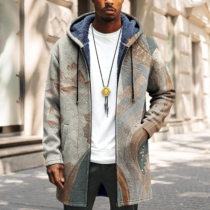 Mens Long Cardigan Hoodies Full Zip Fleece Lined Jackets Fashion Knitted Color Block Hooded Coat with Pockets