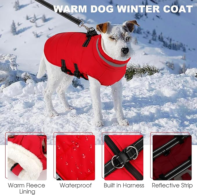 Large Dog Coat with Harness Built-in, Waterproof Reflective Fleece Lined - Warm Windproof Winter Jacket with Back Zipper, Cold Weather Snow Dog Coats - Red - XL
