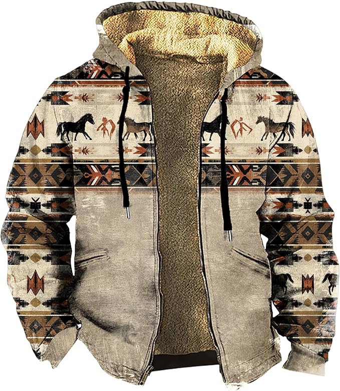 Men's Zip Up Jackets Western Style Ethnic Hoodie Hooded Vintage Long Sleeve Warm Coat Winter Outfits