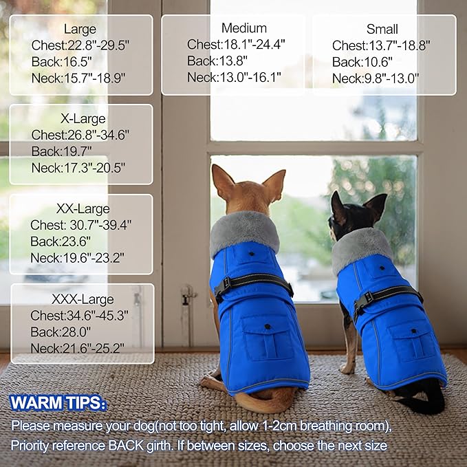 Dogcheer Dog Coat with Pocket, Waterproof Dog Jacket with Adjustable Buckle, Reflective Puppy Winter Coat Warm Turtleneck Fleece SnowJacket for Small Medium Large Dogs - Blue 3XL