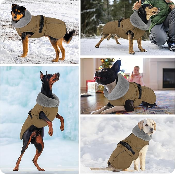 Dog Coat, Waterproof Dog Winter Jacket with Adjustable Buckle, Reflective Turtleneck Pet Snow Vest Warm Fleece Sweater for Small Medium Large Dogs - Khaki, M