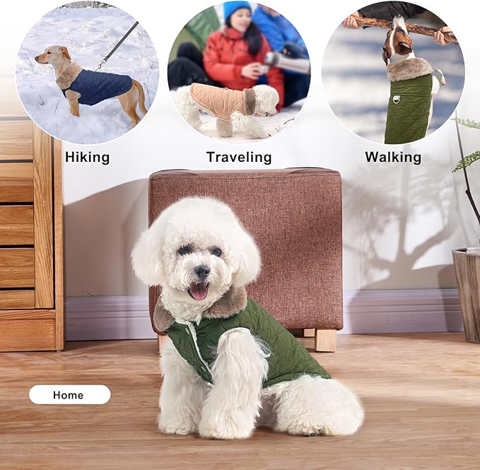 BEAUTYZOO Winter Dog Coat with Harness Built in, Warm Dog Puffer Jacket Vest Padded Fleece Cold Weather Coats Windproof Waterproof Snow Jackets Clothes for Small Medium Puppy, Green L