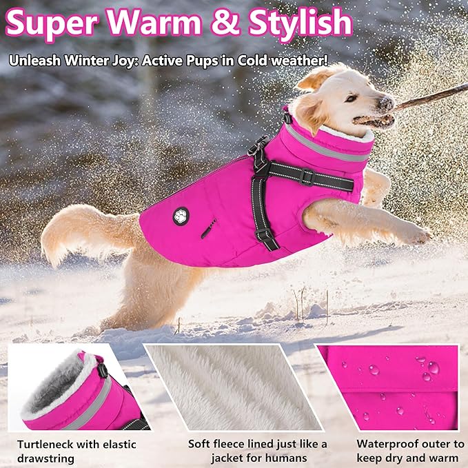 Dogcheer Dog Coat with Harness, Waterproof Dog Jacket Christmas Pet Winter Coat with Pockets, Reflective Doggy Turtleneck Fleece Jacket for Small Medium Large Dogs - Pink, M