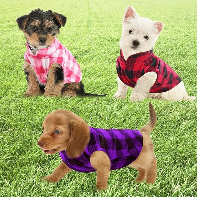 Kama Bridal 3 Pack Dog Coat - Spring, Autumn, Winter - Fleece Vest for Cats & Small/Medium Dogs - Red, Pink, Purple Plaid (XXXS)