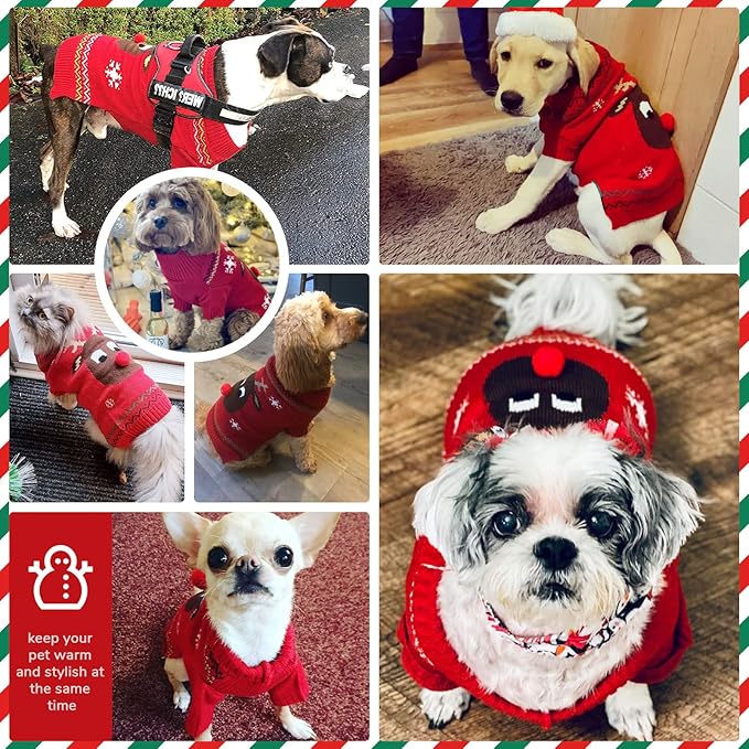 PETCARE Dog Christmas Sweater Red Ugly Funny Cute Cartoon Reindeer Cat Sweaters Jumper Holiday Dog Clothes Puppy Sweaters for Small Medium Large Dogs Fall Winter Outfits Xmas Dogs Costume,XX-Large