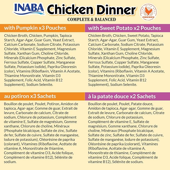 INABA Chicken Dinner for Dogs, Soft Pate Wet Dog Food, Complete & Balanced, 2.4 oz. Pouch, 15 Pouches, Pumpkin & Sweet Potato Variety