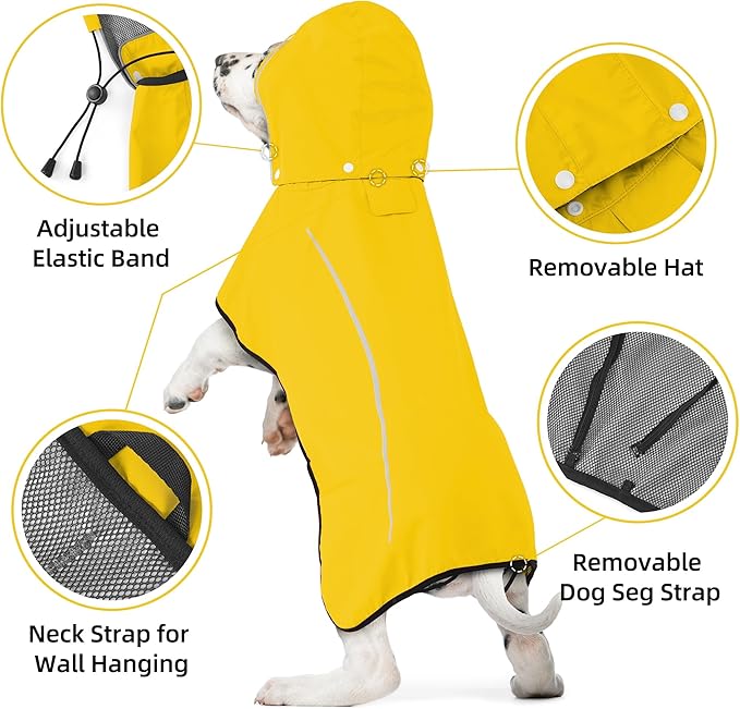 Mile High Life Dog Raincoat, Adjustable Waterproof Pet Rain Jacket, Reflective Hooded Poncho for Small Medium Large Dogs, Lightweight Breathable Pet Rain Coat (Yellow,XL Chest 31"-37")