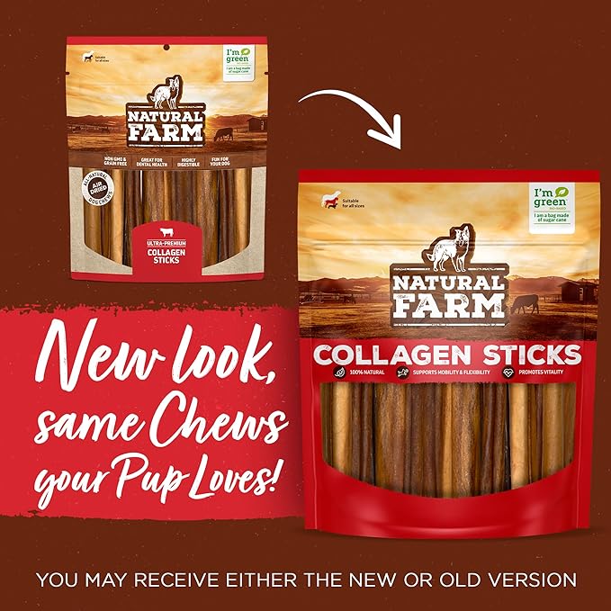 Natural Farm Odor-Free Super Collagen Dog Chews (3-5 Inch, 10-Pack) The First Ever Real Bull Sticks Alternative: 100% Natural Angus Hide Collagen Treats - More Protein, More Chew Time for All Dogs
