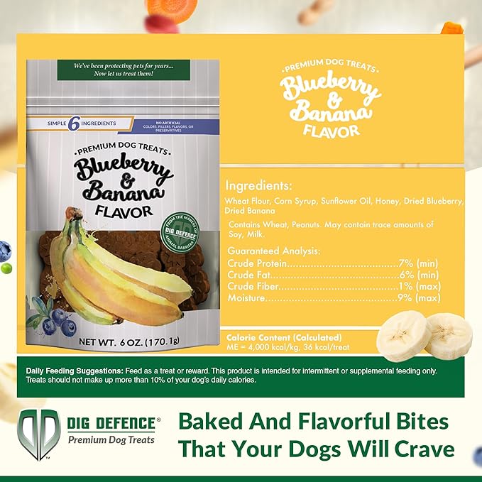 Dig Defence Premium Dog Treats - Carrot/Peanut Butter and Blueberry/Banana, Natural Ingredients, Baked Gourmet Snacks for Small & Big Dogs, Healthy Training Treat, 2 Pack