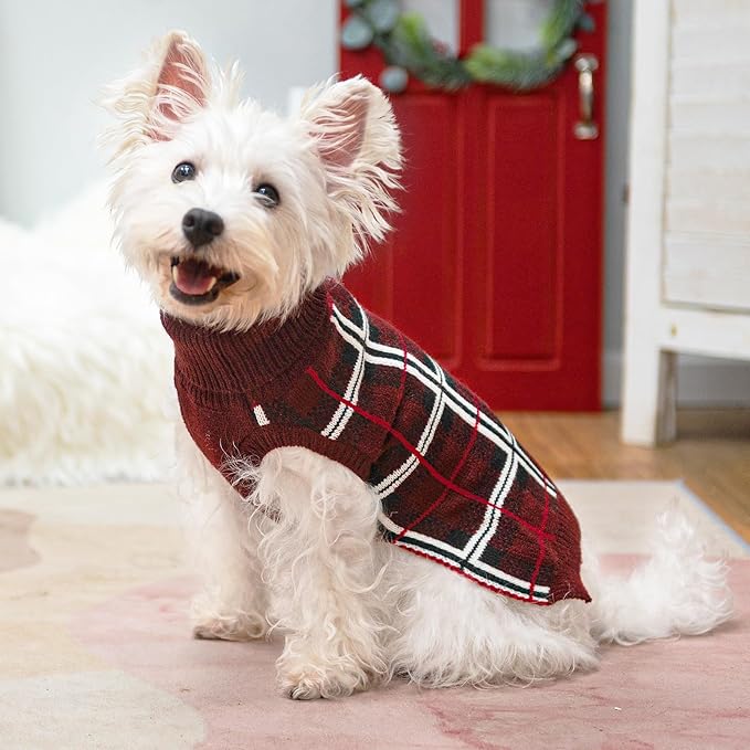 PUPTECK Dog Christmas Sweaters for Large Medium Small Dogs - Fall Classic Plaid Style Puppy Holiday Winter Coat Clothes Warm, Deep Red, M