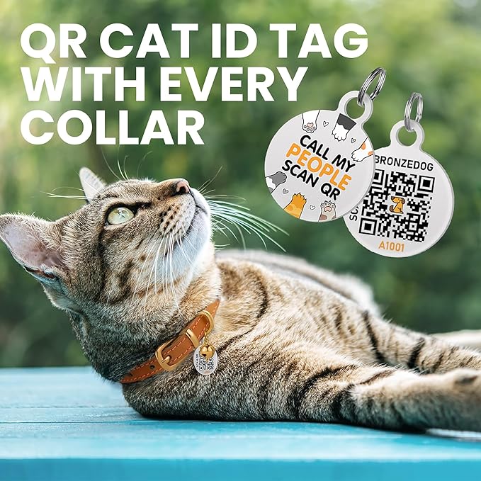 BRONZEDOG Leather Cat Collar with Removable Bells Non Breakaway Kitten QR Tag for Girl Boy (7" - 9" for Cats, Pink & Gold)