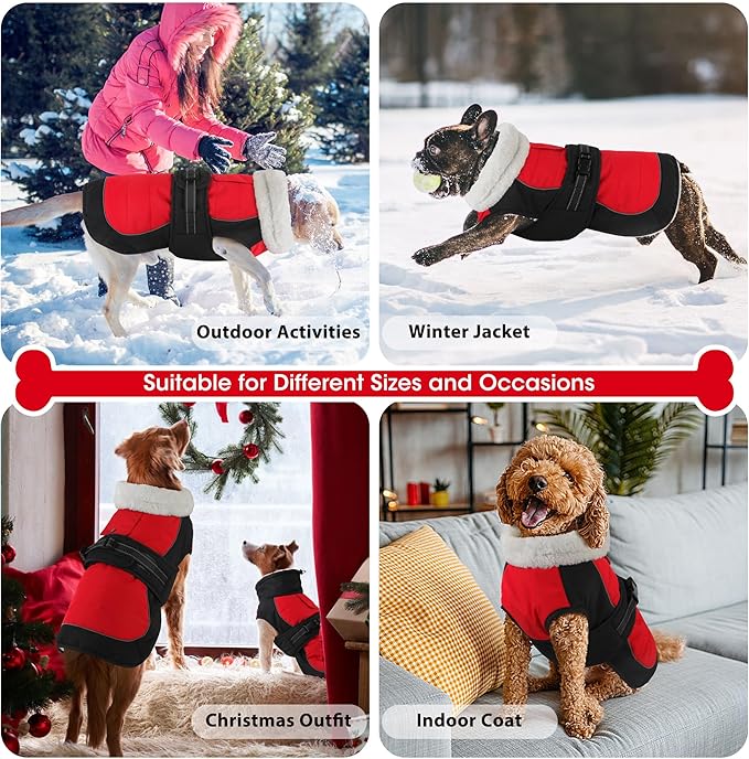Dogcheer Dog Coat, Christmas Dog Jacket, Waterproof Turtleneck Puppy Winter Coat, Adjustable Pet Puffer Jacket, Reflective Warm Fleece Coats for Small Medium Large Dogs - Red, M