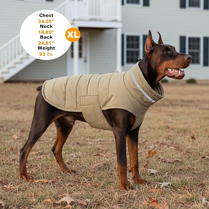 Dog Coat, Waterproof Winter Jacket, Warm Windproof Jacket, Reflective Adjustable Turtleneck Coats for Medium Dogs with Hook & Loop - Khaki - M