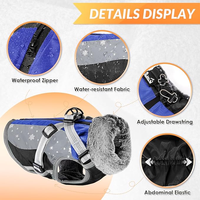 SlowTon Dog Jacket with Harness Built in - Waterproof Fleece Winter Warm Dog Coats for Small Medium Dogs, Reflective Adjustable Furry Puppy Vest Clothes for Outdoor Walking (Blue,M)