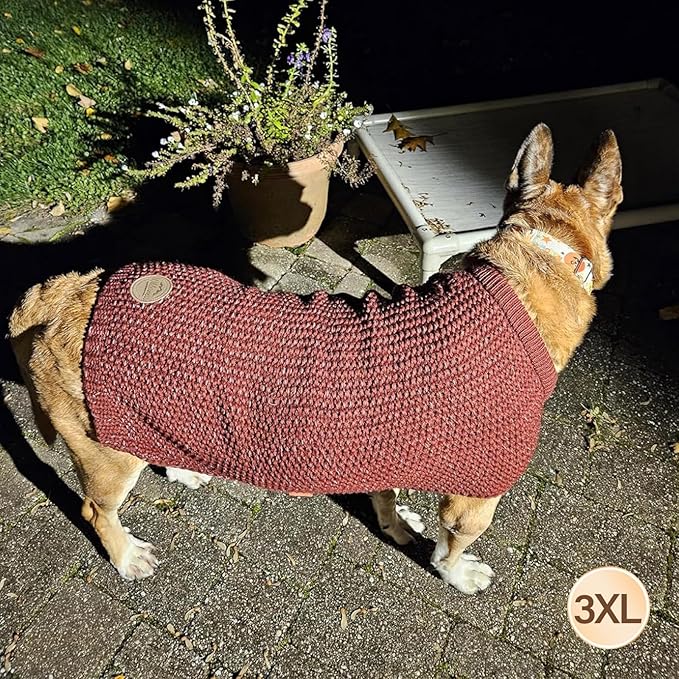KYEESE Dog Sweater for Large Dogs with Leash Hole Warm Pullover with Reflective Yarn Male Thick Stretchy Knitwear Winter Soft Pet Coat boy for Cold Weather Comfy Dog Sweaters, Dark Red, XX-Large