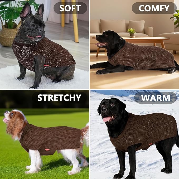 KYEESE Dog Sweater with Leash Hole for Small Dogs Male Warm Pullover with Reflective Yarn Soft Knit Pullover Boy Dog Coats Cozy Lightweight Thick Sweater Pet Indoor Outdoor Wear,Khaki,Small