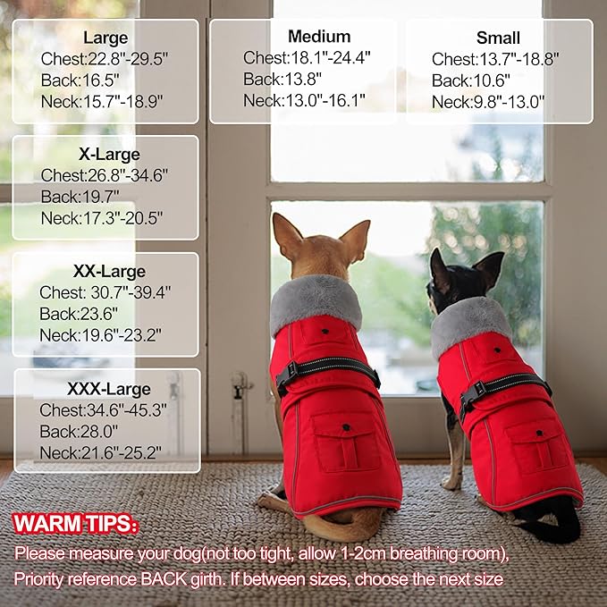 Dogcheer Dog Coat with Pocket, Waterproof Dog Jacket with Adjustable Buckle, Reflective Puppy Winter Coat Warm Turtleneck Fleece SnowJacket for Small Medium Large Dogs - Red 2XL