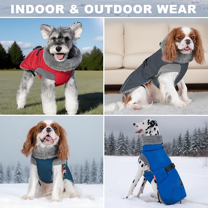 KYEESE Waterproof Dog Coat, Windproof Warm Winter Jacket with Thick Fleece Lined, Cozy Turtleneck Dog Coats for Large Dogs with Leash Hole, Reflective Outdoor Cold Weather Coat, Blue, XXX-Large