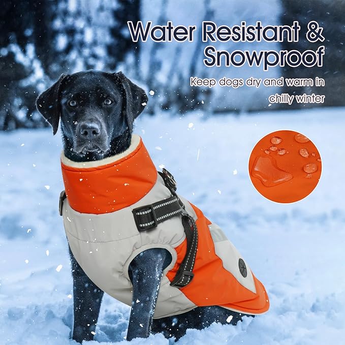 IECOii Large Dog Coat with Harness Built in,Reflective Waterproof Dog Coat for Giant Breeds - Zip Up Fleece Jacket for Dogs,Great Dane Winter Coats Warm Snowsuit for Cold Weather, Orange, 4XL
