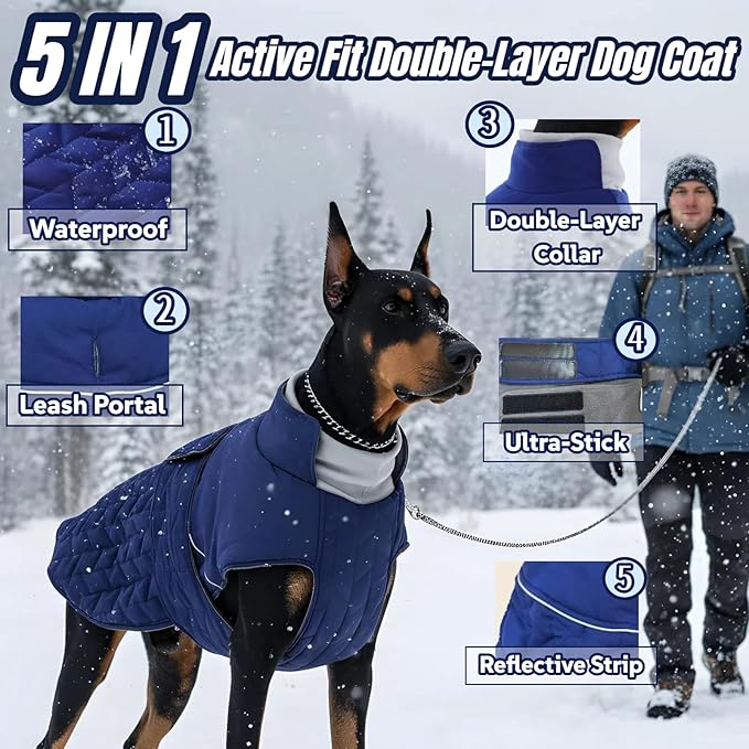 Outdoor Classic Quilted Upgraded Dog Winter Coat, Waterproof & Lightweight Coats for Large Dogs, 2-Layer Warmth Jacket with Reflective Strip Leash hole, Active Fit Pet Clothes for Girls Boys(Blue, XL)