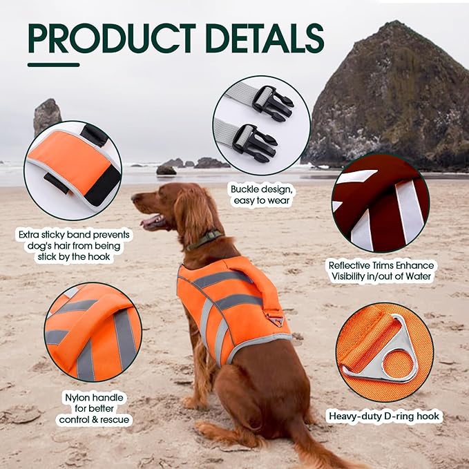 Kuoser Dog Life Jacket with Reflective Stripes - Adjustable High Visibility Vest, Ripstop Lifesaver, Pet Preserver with High Flotation Swimsuit for Small, Medium and Large Dogs