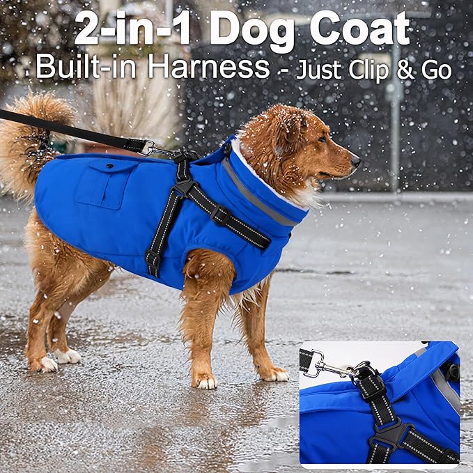 Dogcheer Dog Coat with Harness, Waterproof Warm Dog Winter Jacket with Pockets, Reflective Pet Fleece Jacket Turtleneck Snowsuit for Small Medium Large Dogs - Blue, 3XL