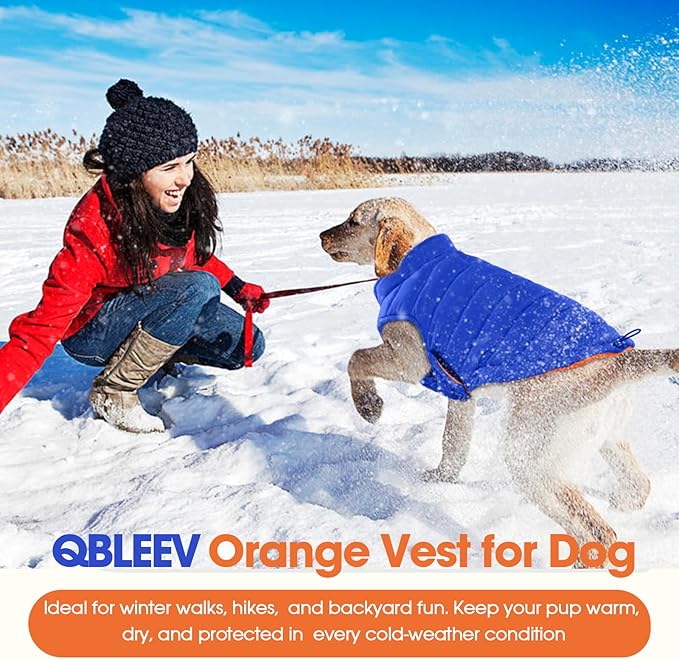 QBLEEV Reversible Dog Winter Coat, Waterproof Windproof Dog Jacket with Adjustable Fit & Leash Hole, Lightweight Warm Puffer Vest for Large Breeds, Orange, 2XL – Fits Labrador, Husky, Weimaraner