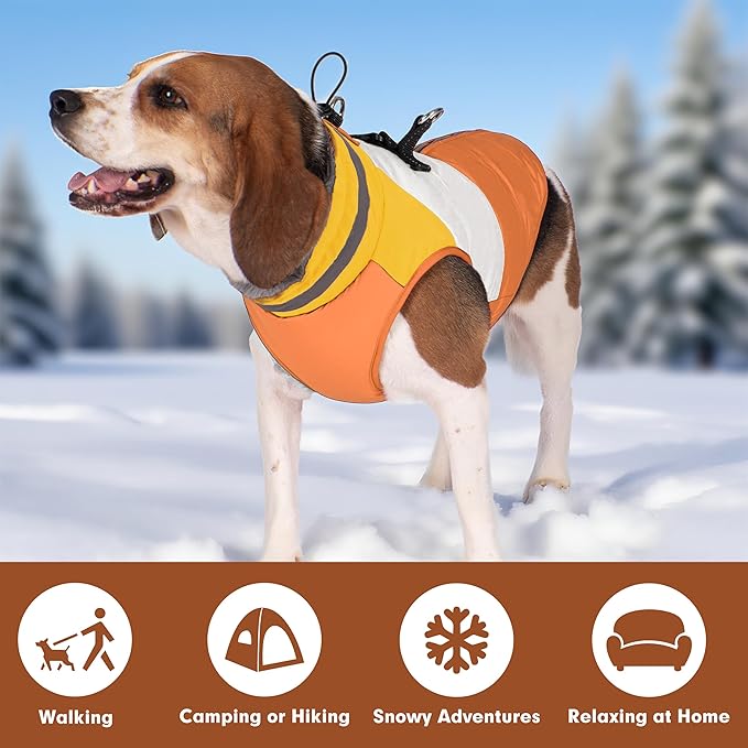 azuza Dog Jacket for Small Dogs Waterproof Dog Coat with Reflective Strips and Harness Built in Warm Fleece Dogs Winter Coat Windproof with Back Zipper, Orange L