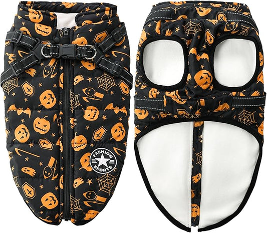 Aiboria Winter Dog Coat Windproof Fleece Jacket with Chest Strap Dog Vest Harness Halloween Black S