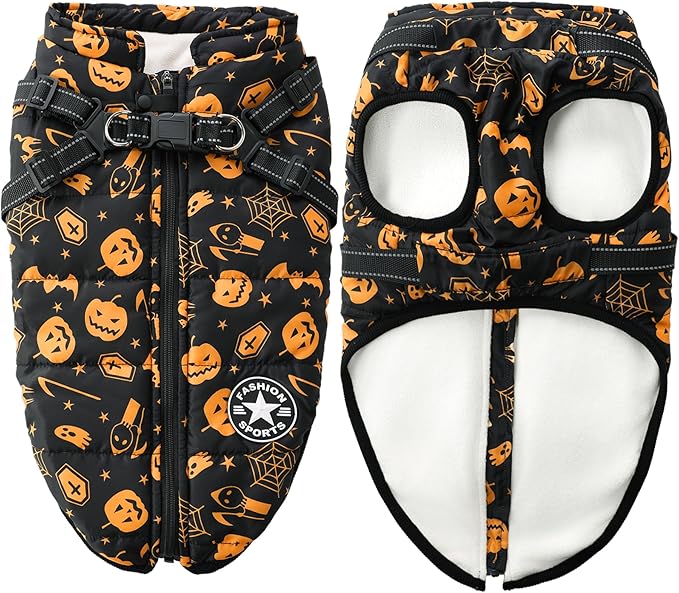 Aiboria Winter Dog Coat Windproof Fleece Jacket with Chest Strap Dog Vest Harness Halloween Black L
