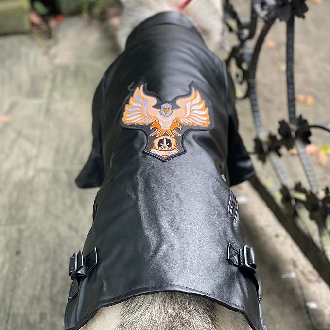 Lovelonglong Cool Dog Leather Jacket, Warm Coats Dogs Windproof Cold Weather Coats for Large Medium Small Dogs with Eagle Embroidery Black L-M