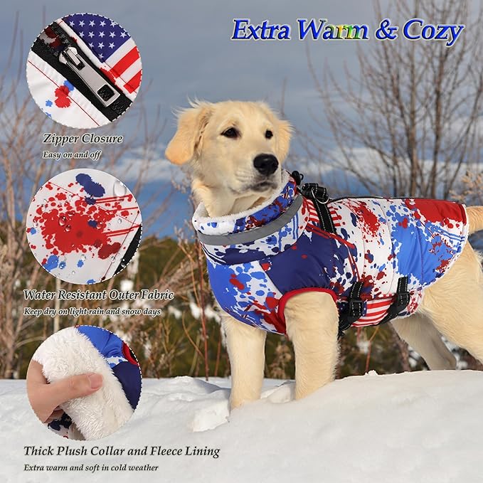 Dogcheer Dog Winter Coat, American Flag Dog Jacket with Harness, Adjustable Puppy Coat with Zipper, Waterproof Pet Fleece Jacket Snowsuit for Small Medium Large Dogs - US Flag M