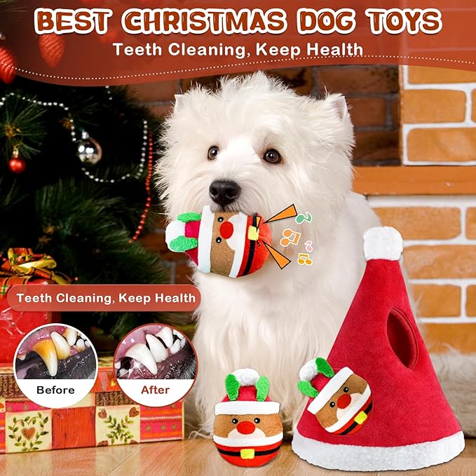 Christmas Squeaky Dog Toys - 4 Pack Hide and Seek Dog Toys - Plush Toys Christmas Hat for Puppy, Small, Medium Breeds