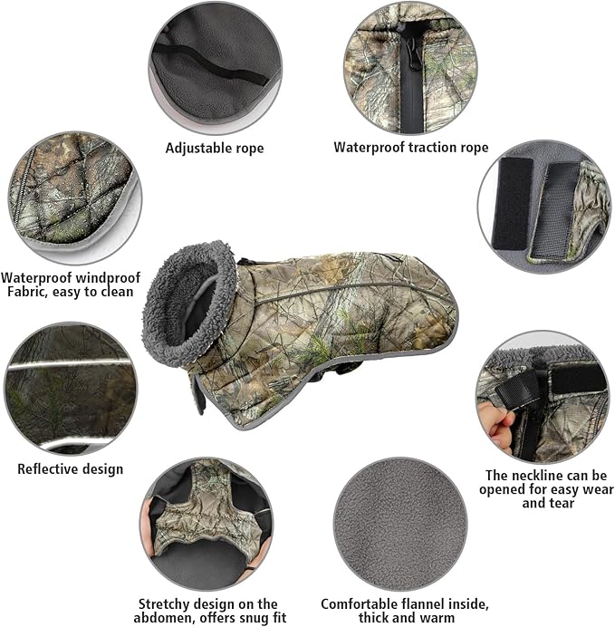 Fragralley Dog Coat Medium, Waterproof Dog Jacket with Warm Fleece Lining, Adjustable Reflective Dogs Winter Coat, Turtleneck Pet Coats for Cold Weather (Reed Camouflage M)