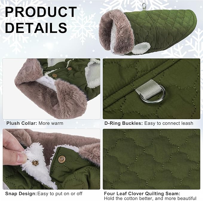 BEAUTYZOO Winter Dog Coat with Harness Built in, Warm Dog Puffer Jacket Vest Padded Fleece Cold Weather Coats Windproof Waterproof Snow Jackets Clothes for Small Medium Puppy, Green S