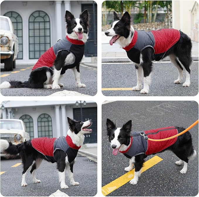 Warm Fleece Dog Coats for Large Dogs,D-Rings Waterproof Puppy Jacket for Cold Winter,Red XXL
