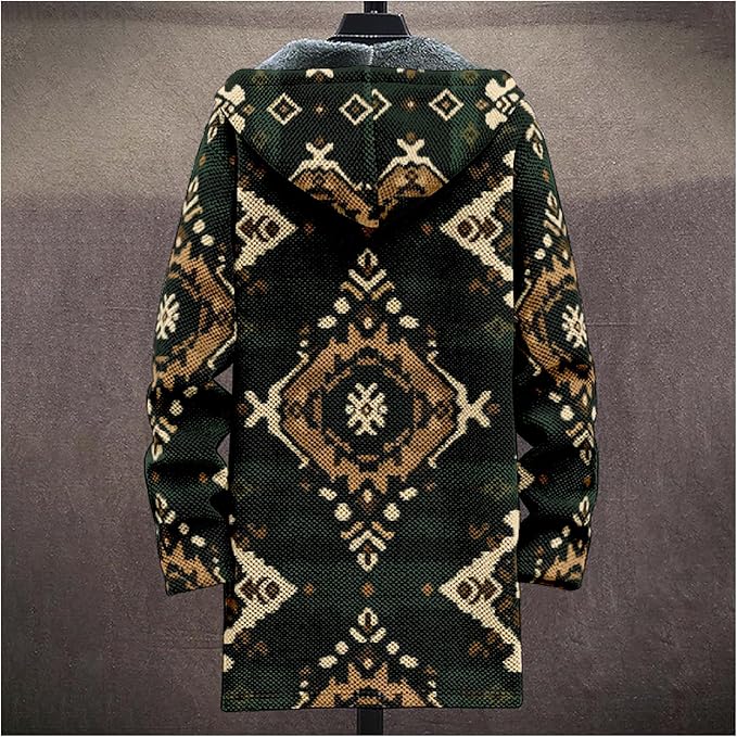 Mens Aztec Print Hoodie Heavyweight Cotton Fleece Jacket Zip Up Warm Long Sleeve Hooded Winter Midi Coat