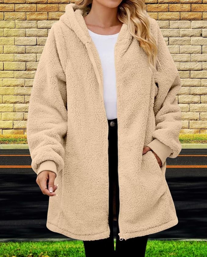 LIZALIG Women's Oversized Fleece Jacket Hooded Zip-Up Cardigan Coat with Pockets Warm Winter Casual Wear for Vacation