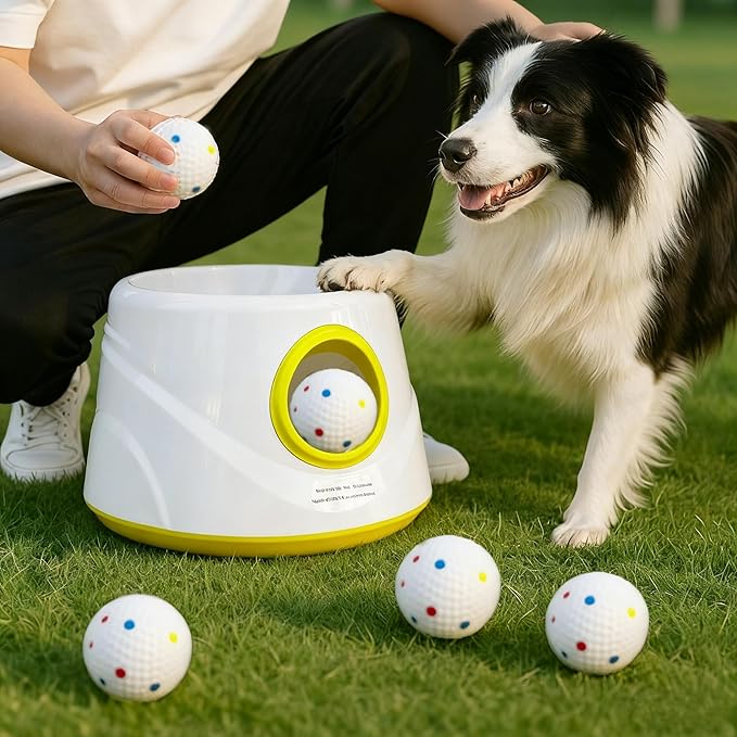 Automatic Ball Launcher for Dogs, Dog Ball Launcher with 6 ETPU 2.3” Balls, Adjustable Distance Thrower for Indoor & Outdoor Fetch Play, Interactive Pet Toy for Small & Medium Dogs